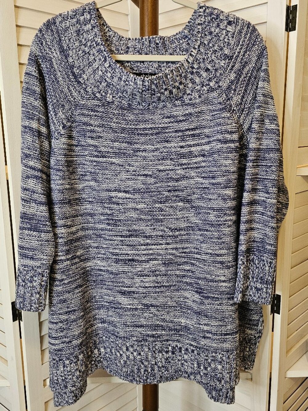 Chelsea Studio, Plus Size 1X (22/24), Blue & White Off-the-Shoulder, Sweater